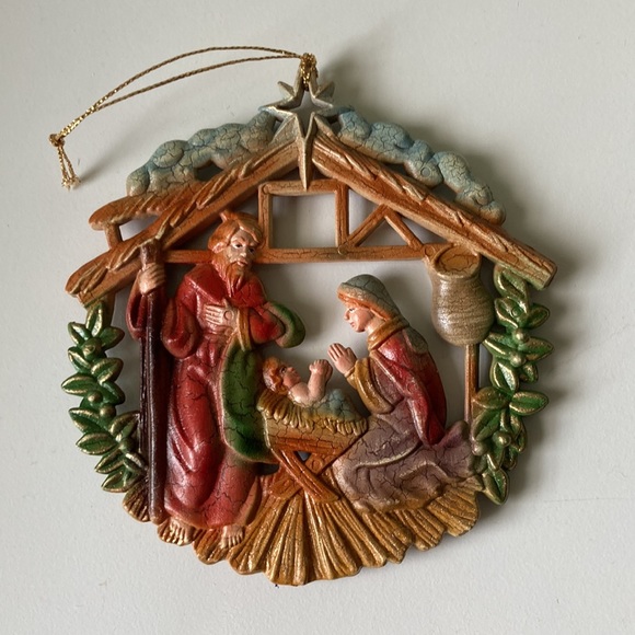 Vintage 60s 70s Christmas ornament double sided manger nativity scene - Picture 2 of 12